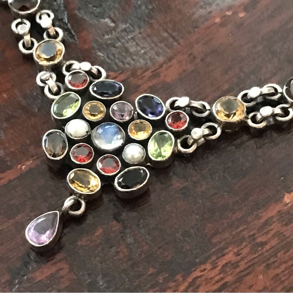 Multi Gemstone Silver Sari Bib Necklace